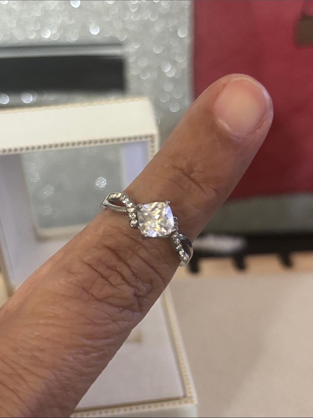 Silver Twisted Band Cubic Zirconia Engagement Ring - White Size 7